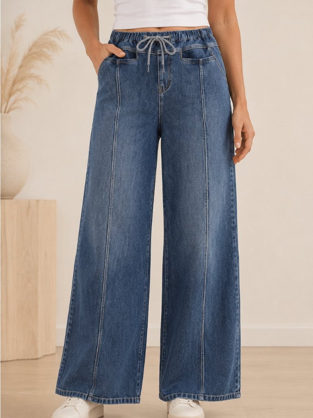 Halara Drawstring Waist Wide Leg Jeans Blue Denim Pull On Size XL